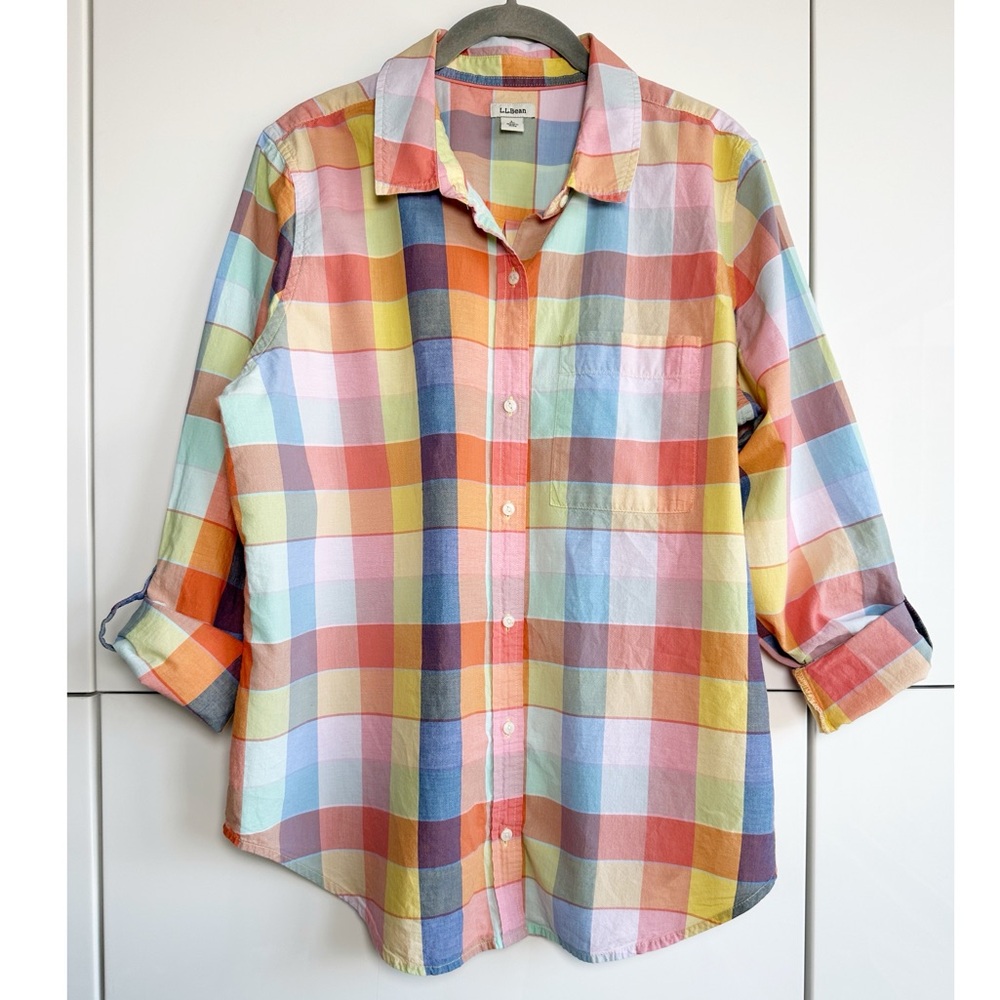 L.L. Bean Multicolor Patchwork Plaid Button Down … - image 4